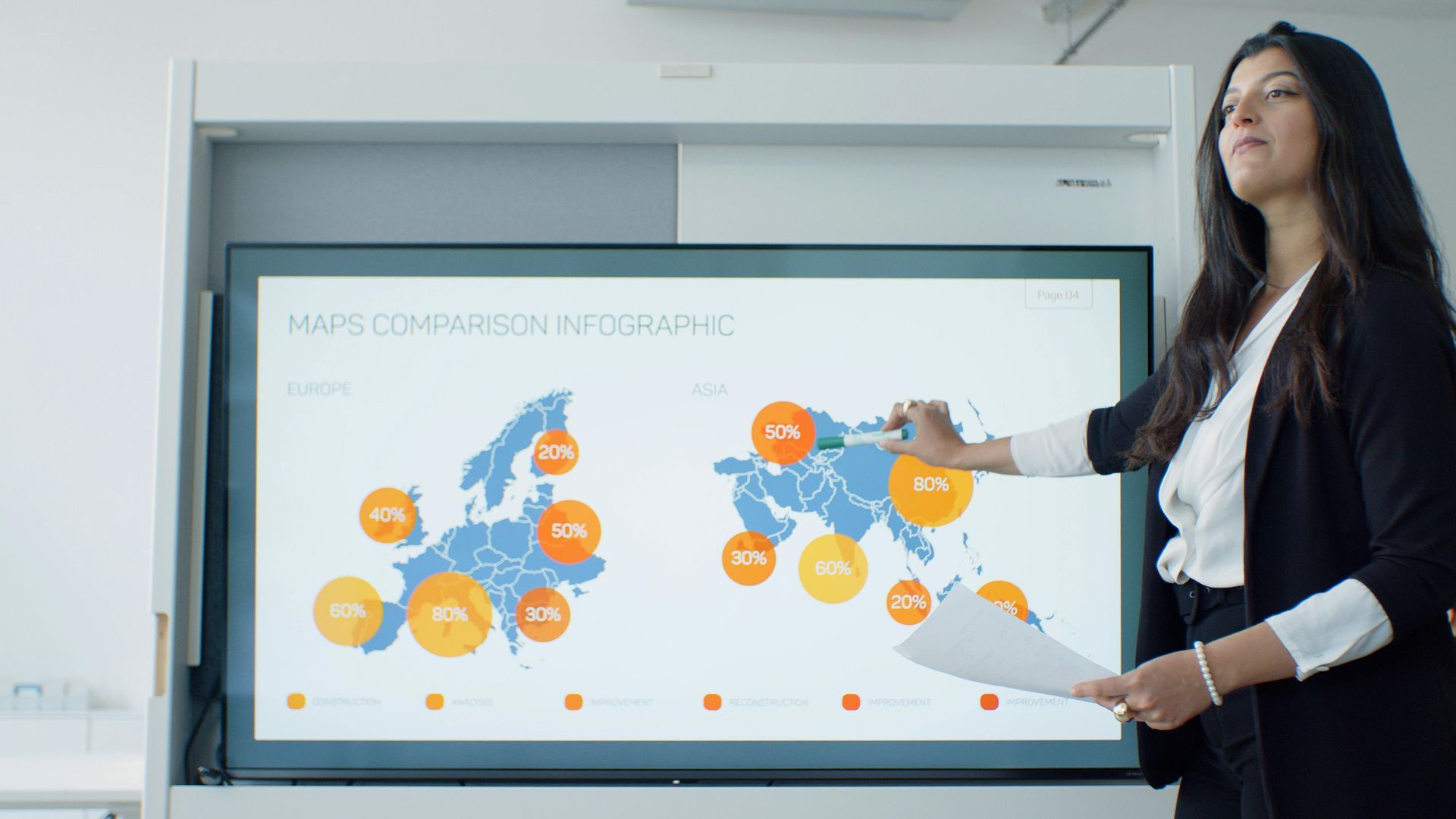A woman is giving a presentation in front of a large screen.