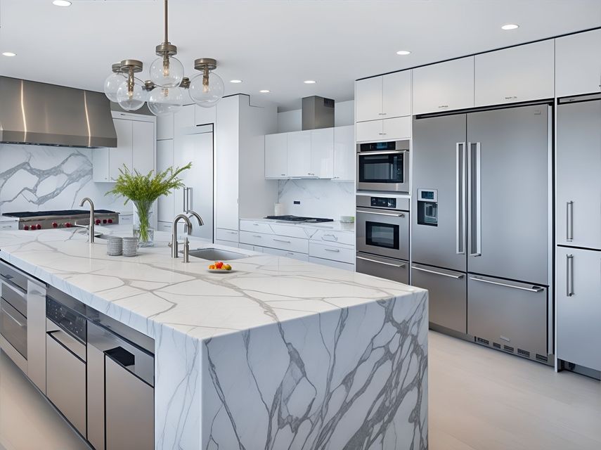 A kitchen with marble counter tops and stainless steel appliances