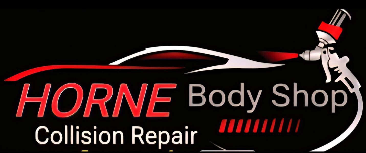 Logo for Horne Body Shop featuring a red car silhouette and a spray paint gun on a black background.