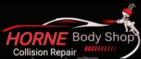 Logo for Horne Body Shop featuring a red car silhouette and a spray paint gun on a black background.