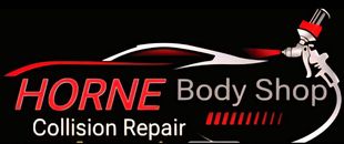 Logo for Horne Body Shop featuring a red car silhouette and a spray paint gun on a black background.