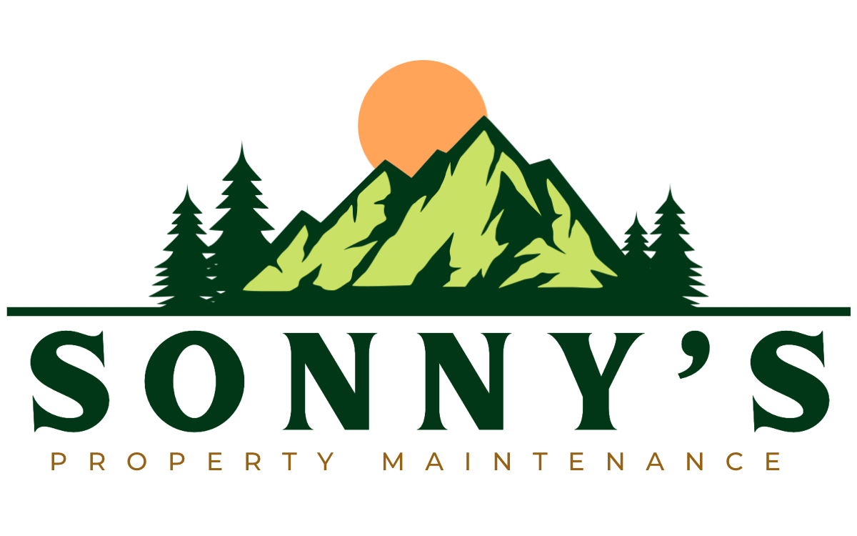 Logo for Sonny's Property Maintenance with a green mountain range, pine trees, and an orange sun above the business name.