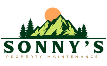 Logo for Sonny's Property Maintenance with a green mountain range, pine trees, and an orange sun above the business name.