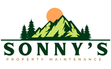 Logo for Sonny's Property Maintenance with a green mountain range, pine trees, and an orange sun above the business name.
