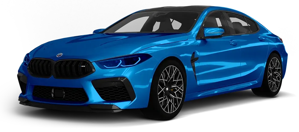 Blue BMW sports sedan on a white background, angled front view