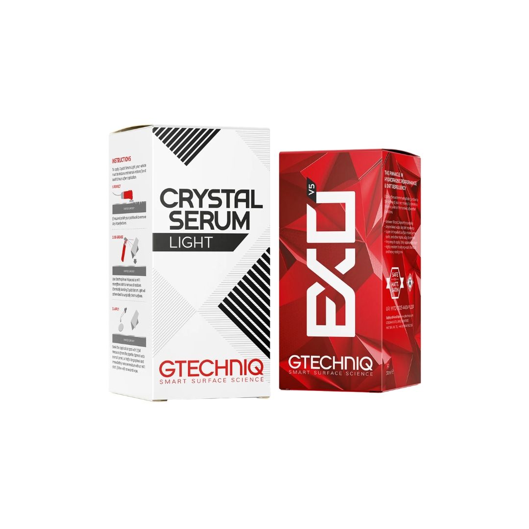 Two GTECHNIQ car care products: Crystal Serum Light in white and EXO in red packaging.
