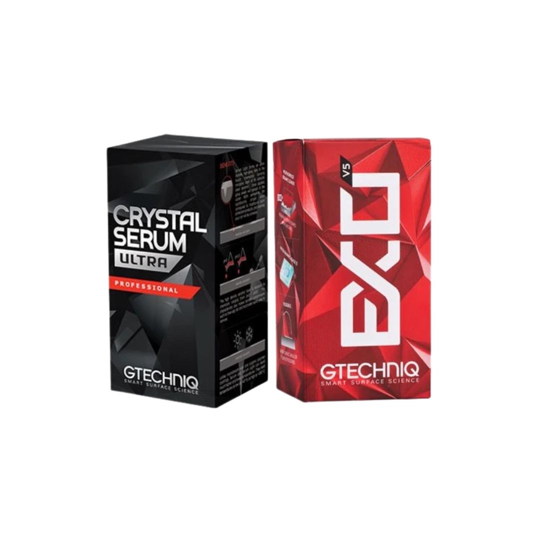 Two GTECHNIQ product boxes: black Crystal Serum Ultra and red G5 packaging.