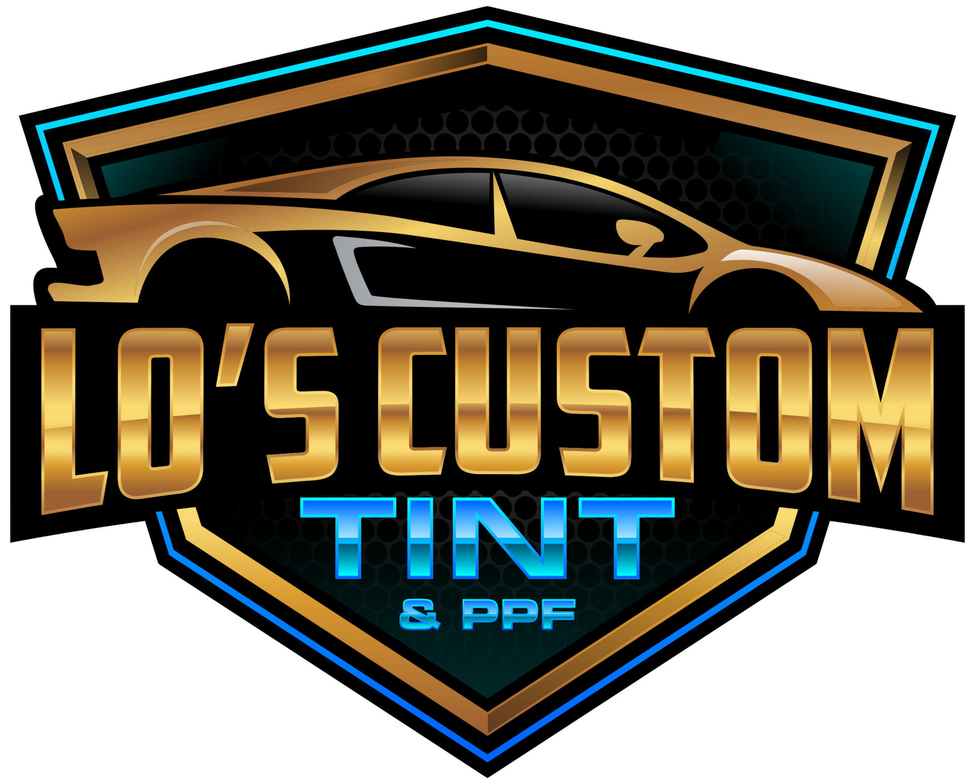 Gold and blue shield logo for Lo’s Custom Tint & PPF with a car silhouette above the text