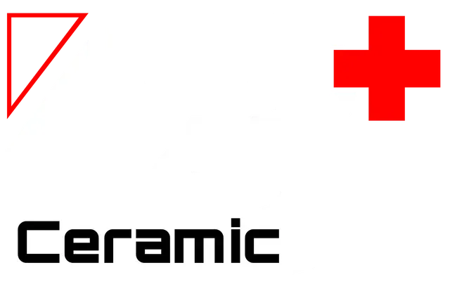 White background with a red medical cross, red triangle outline, and the word “Ceramic” in black