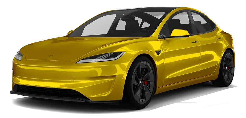 Yellow sports sedan with black wheels, shown in front three-quarter view on a white background