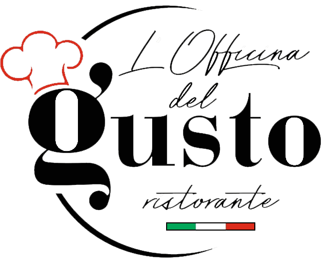 Logo per il ristorante “L'Officina del Gusto” con testo nero, cappello da chef e colori della bandiera italiana.