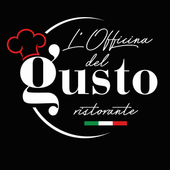 Logo per il ristorante L'Officina del Gusto, sfondo nero con cappello da chef rosso e colori della bandiera italiana.