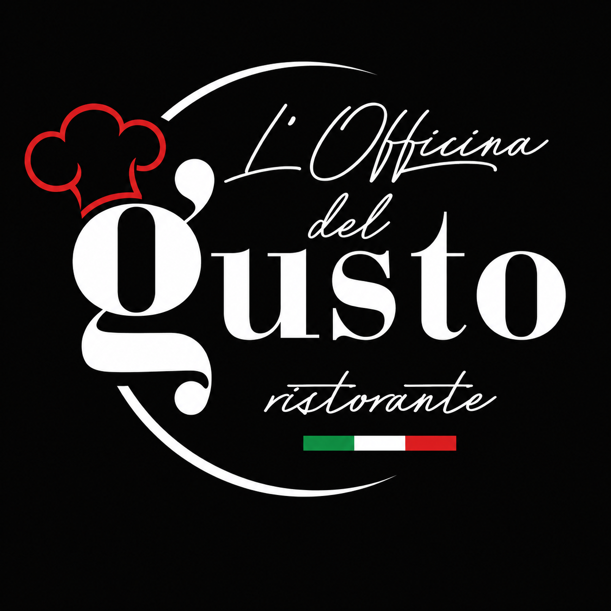 Logo per il ristorante L'Officina del Gusto, sfondo nero con cappello da chef rosso e colori della bandiera italiana.