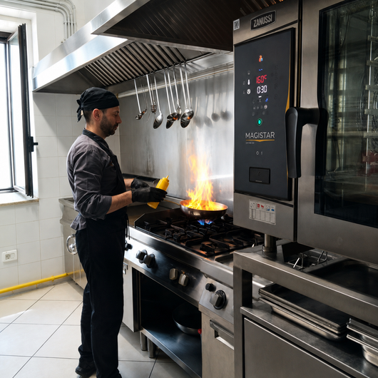 Lo chef cucina su un fornello a fiamma viva in una cucina professionale in acciaio inossidabile.