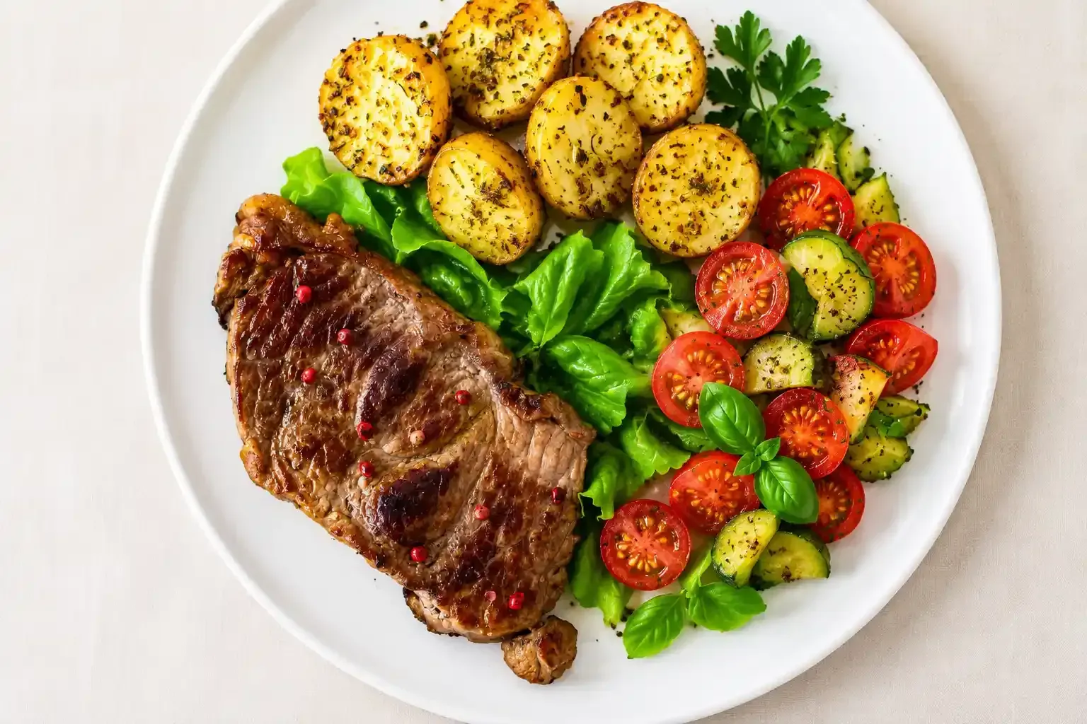 Bistecca con patate arrosto, pomodorini e verdure su un piatto bianco