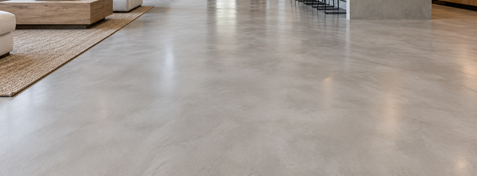 Empty concrete floor in a minimalist room with a small rug and low wooden furniture along the edge