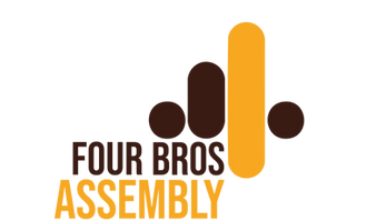 Logo for Four Bros Assembly with dark brown and gold stylized bars and text on a white background