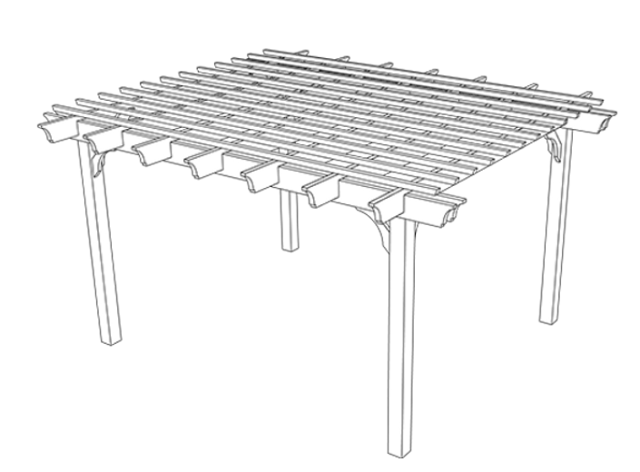 Wooden pergola with slatted roof and four support posts, shown in line drawing style