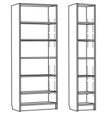 Two metal shelving units, one wide and one narrow, shown in black-and-white line art.