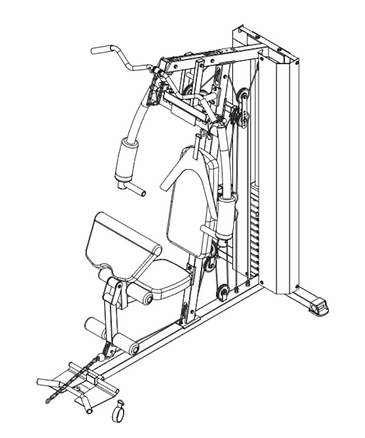 Black-and-white line drawing of a weight machine with seat, pulleys, and handles