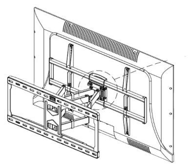 Mounting bracket diagram on the back of a flat-screen TV, showing an adjustable wall mount system.