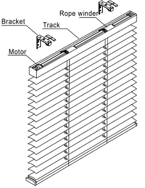 Diagram of a window blind system with motor, track, bracket, and rope winder.