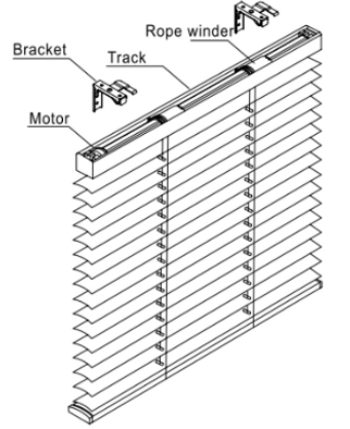 Diagram of a motorized window blind with track, rope winder, and mounting brackets