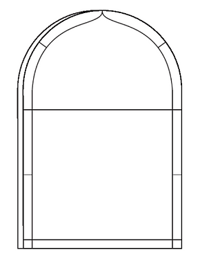 Black outline of an arched window or door frame with a pointed top and horizontal center line