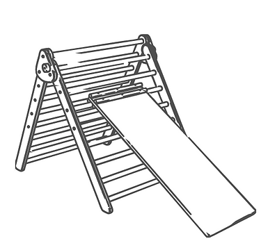 Foldable wooden playground climbing frame with a slanted ramp and ladder rungs