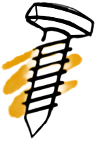 Black line drawing of a screw over an orange paint streak on a white background