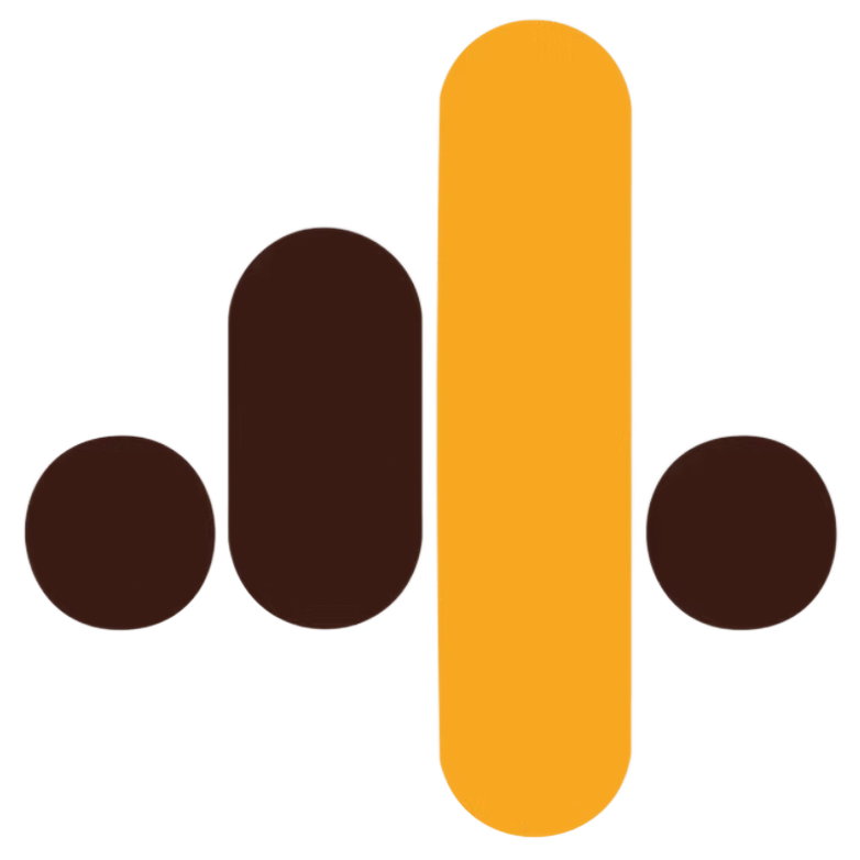 Abstract logo with brown dots and bars around a tall orange vertical shape on a white background
