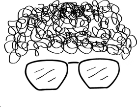 Sketch of curly hair above oversized glasses on a white background