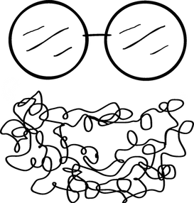 Simple black line drawing of round glasses above a tangled scribble resembling a beard or messy hair