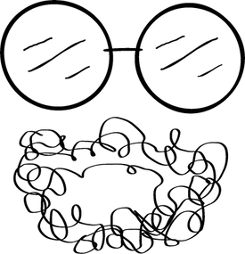 Simple line drawing of round glasses above a tangled scribble resembling curly hair or a beard.