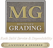 Montpelier Grading logo with gold “MG,” “Rock Solid Service & Dependability,” and “Licensed & Insured” badge