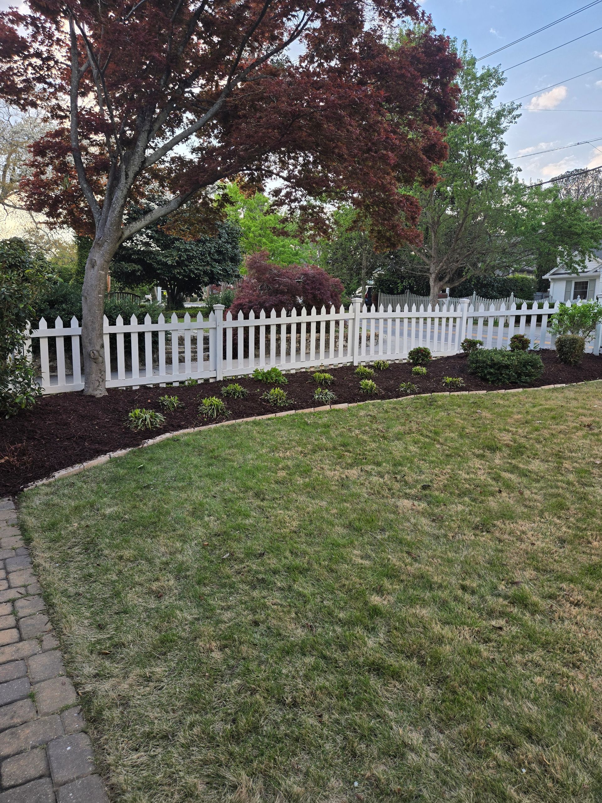 Curved green lawn beside a white picket fence and trees in a landscaped backyard.