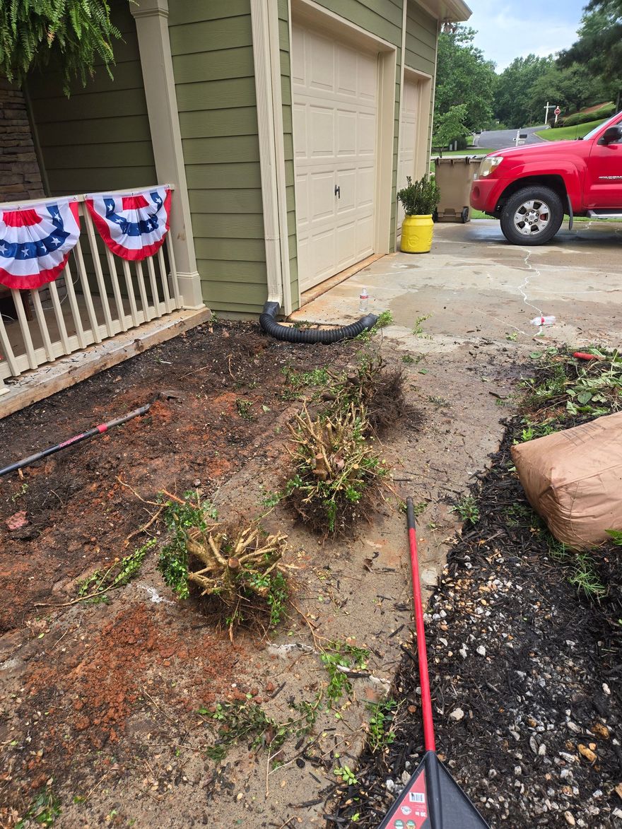 Front yard garden bed by a garage with small plants, a red rake, and a red truck in the driveway