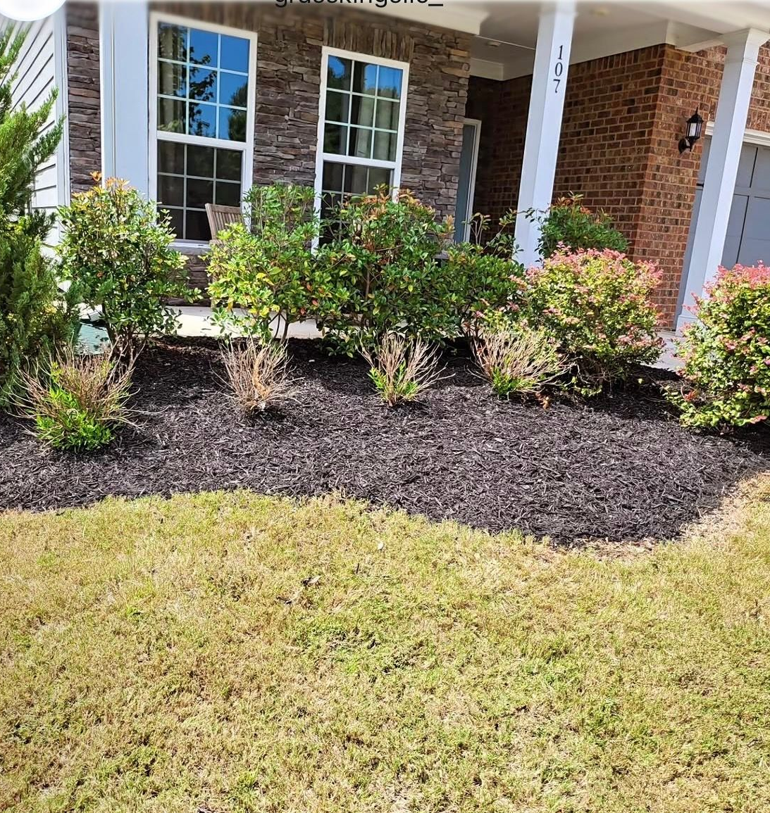 Front yard landscaping with shrubs, dark mulch, and a brick house porch in the background