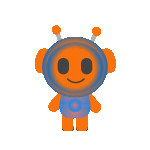 Orange cartoon alien with a blue halo, smiling.