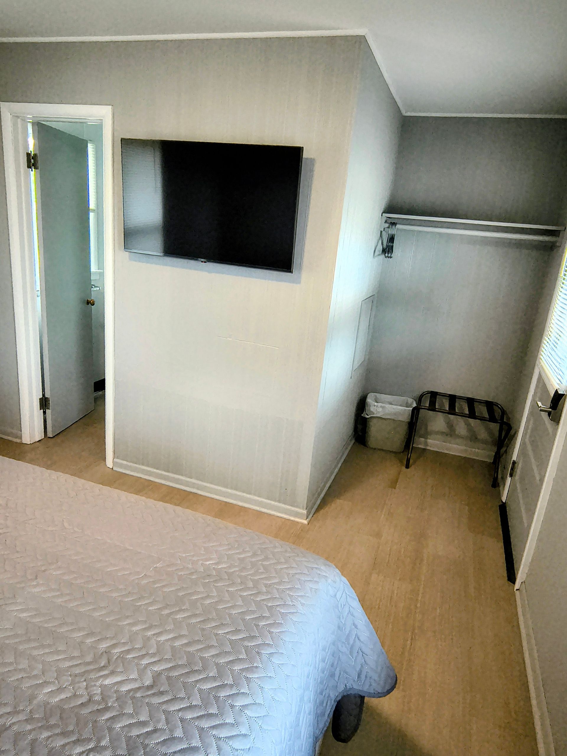 Bedroom with bed, TV on wall, closet, and light wood-look flooring.