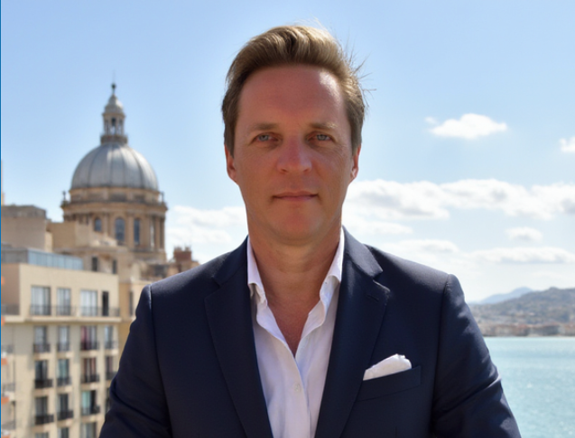 Man in a navy blazer stands by the sea with a domed building and blue sky in the background