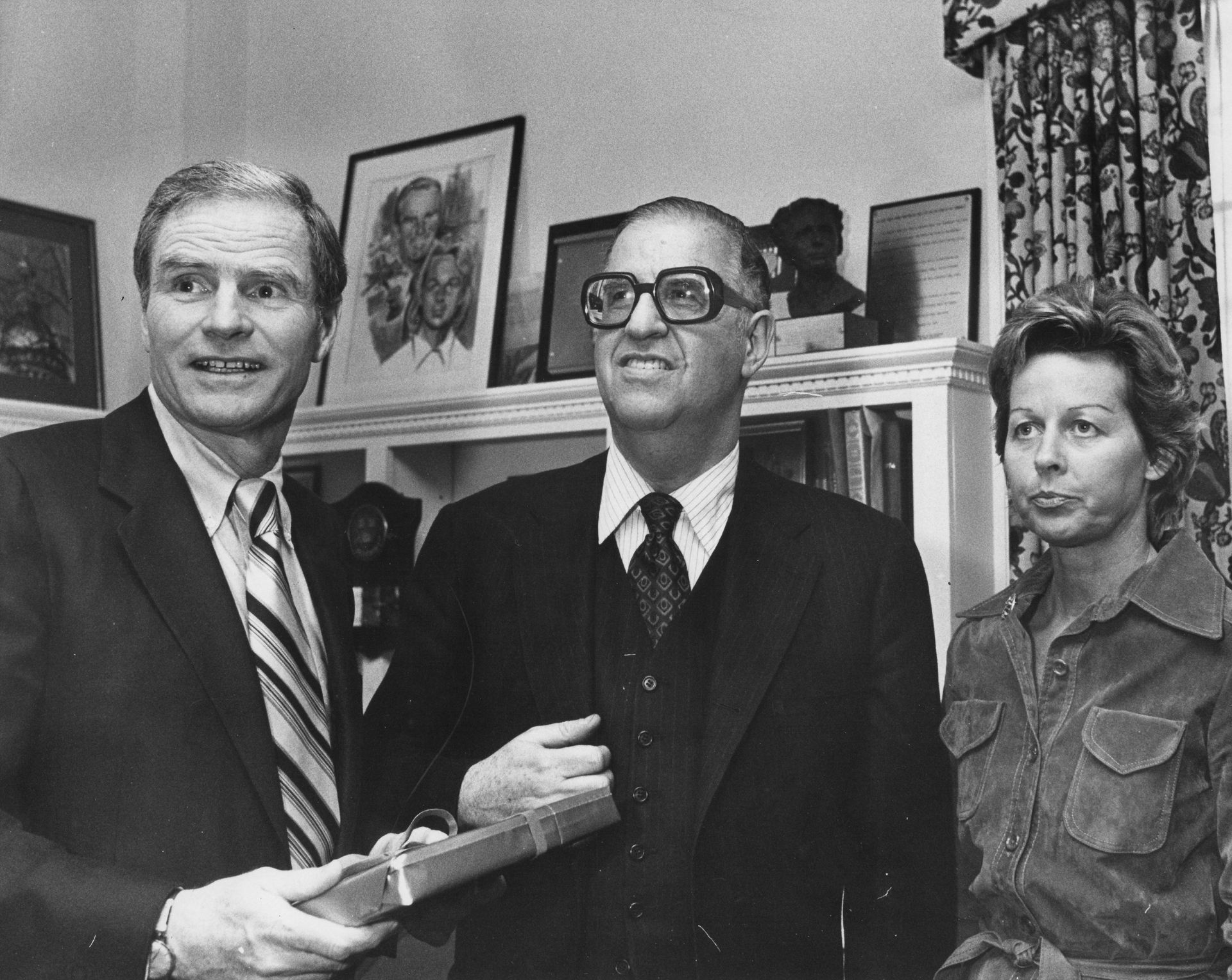 Abba Eban, the foreign minister of Israel, visits Morven with Governor and First Lady Byrne in the Library, April 1975. Morven Archive.