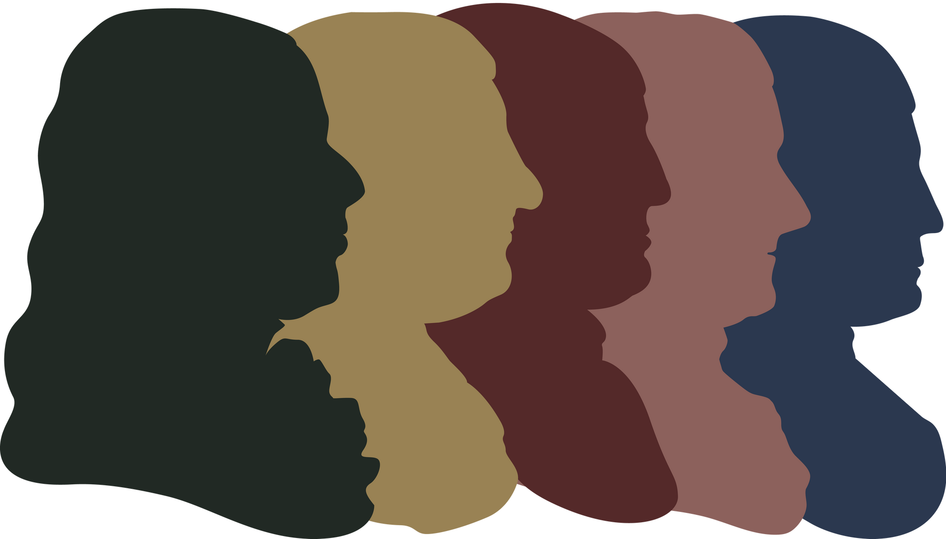 Five overlapping side-profile silhouettes in green, tan, maroon, pink, and blue.