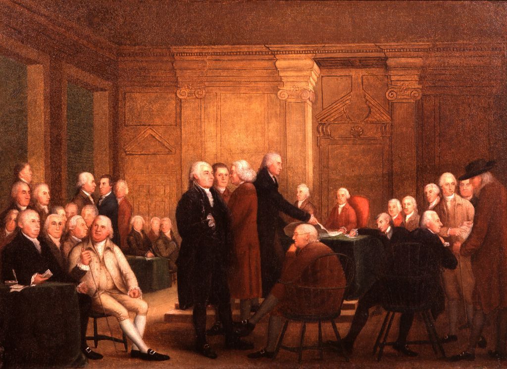 Painting of people gathered in a wood-paneled courtroom or meeting room, with a speaker addressing seated attendees.