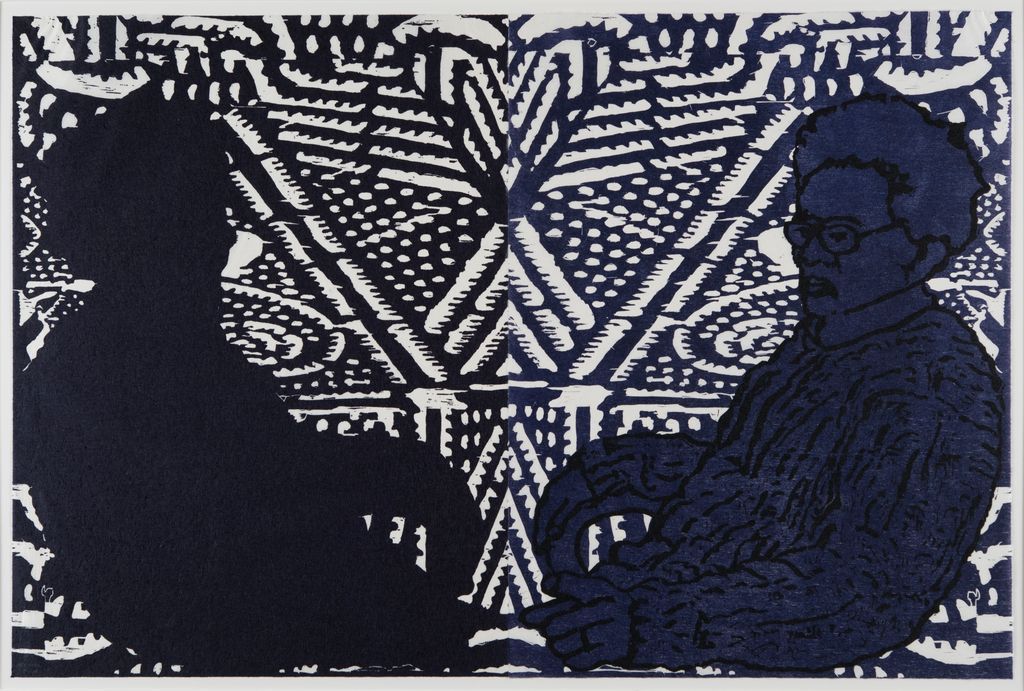 Two silhouetted people facing each other against a patterned black-and-white textile backdrop