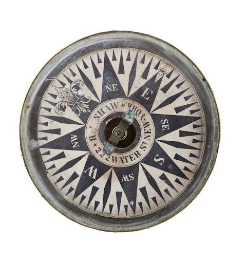 Compass face showing directional markings (N, S, E, W, NE, SE, NW, SW) with manufacturer's name.