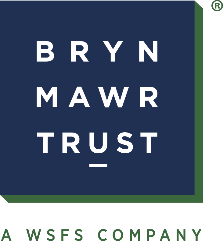 The Bryn Mawr Trust logo: white text on a dark blue square with a green drop shadow, with