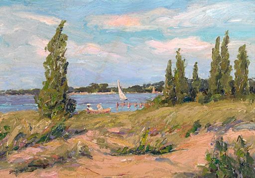 Sandy beach scene, with tall trees, blue water, sailboat, and figures on a boat.