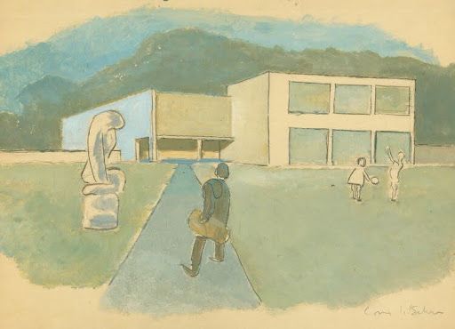 Painting of a person walking towards modern buildings with a sculpture and children playing; mountains in background.