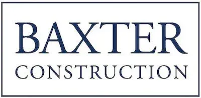 Logo for Baxter Construction in dark blue font, white background, boxed.